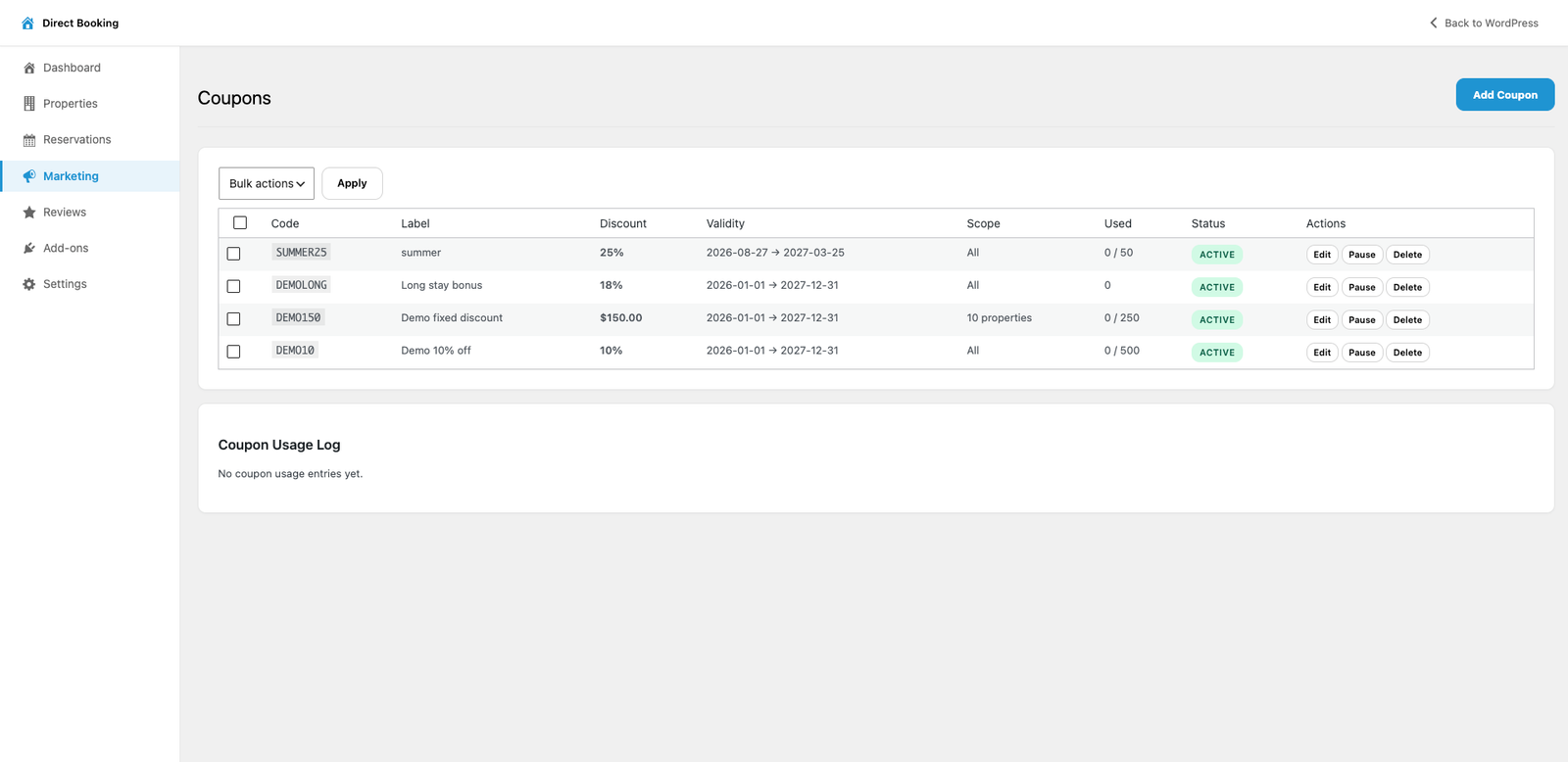 The Coupon manager listing codes with their discount, validity, scope and usage