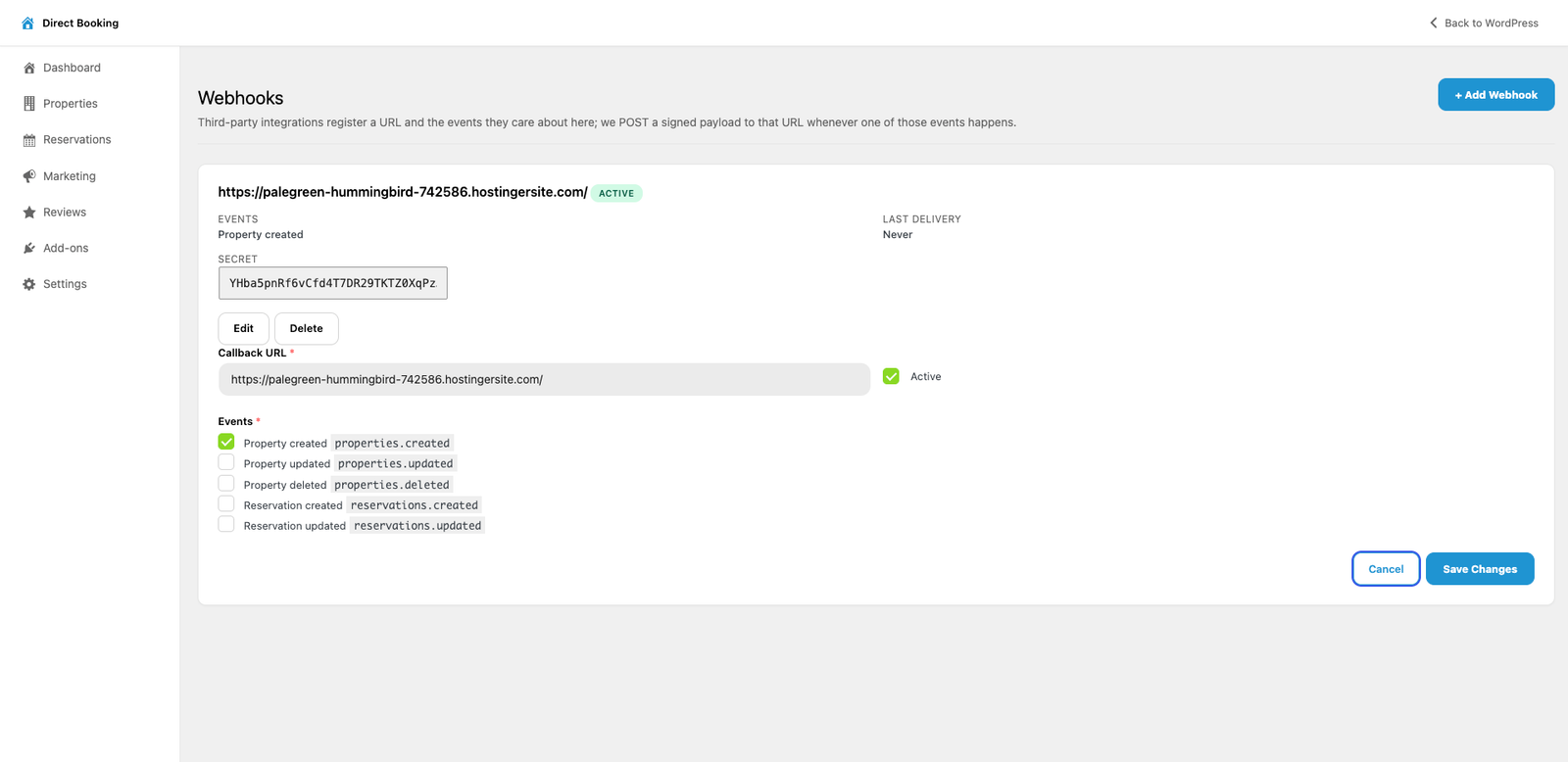 The Webhooks screen with its subscription list and an Add Webhook button