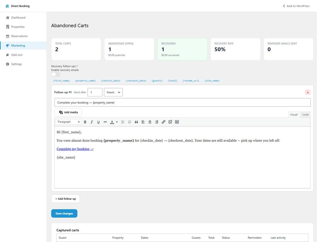 The Abandoned Carts screen with recovery stats and a follow-up email template using merge tags