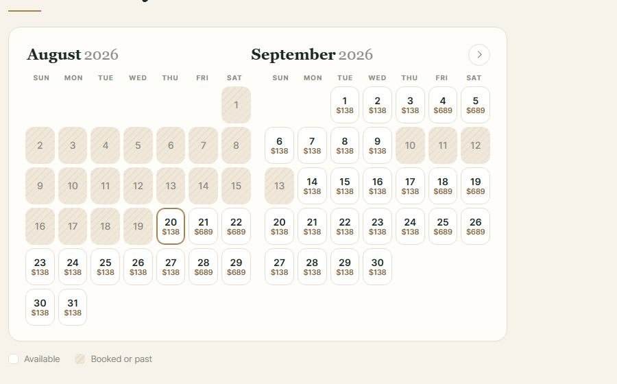 The guest-facing availability calendar showing two months of nightly rates, with booked and past nights hatched out