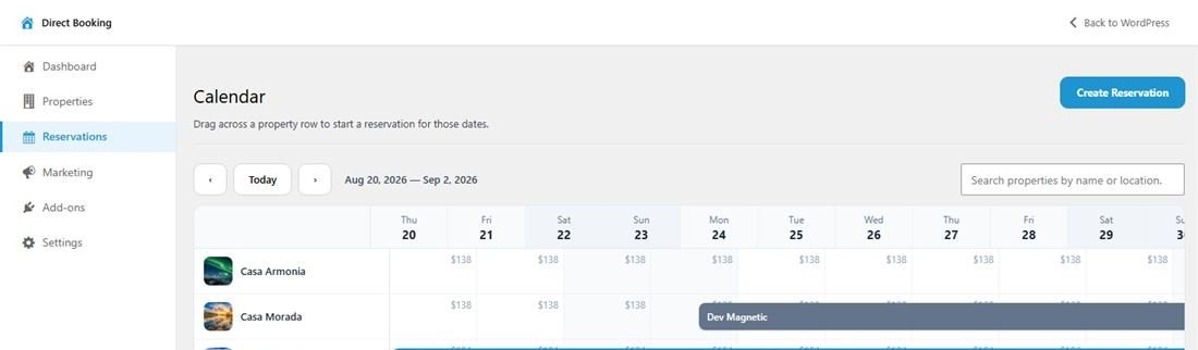 The drag-to-create reservation calendar with properties down the side and dates across the top