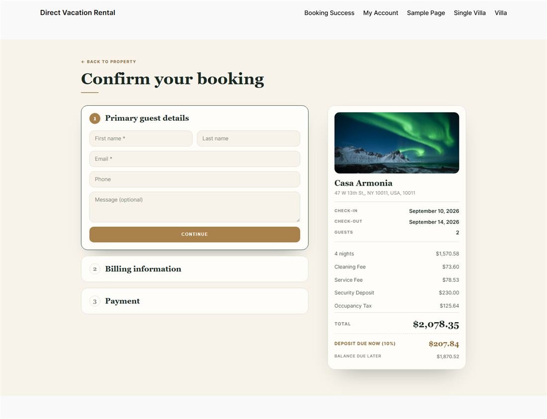 The checkout wizard beside a sticky order summary with the price breakdown and deposit due now