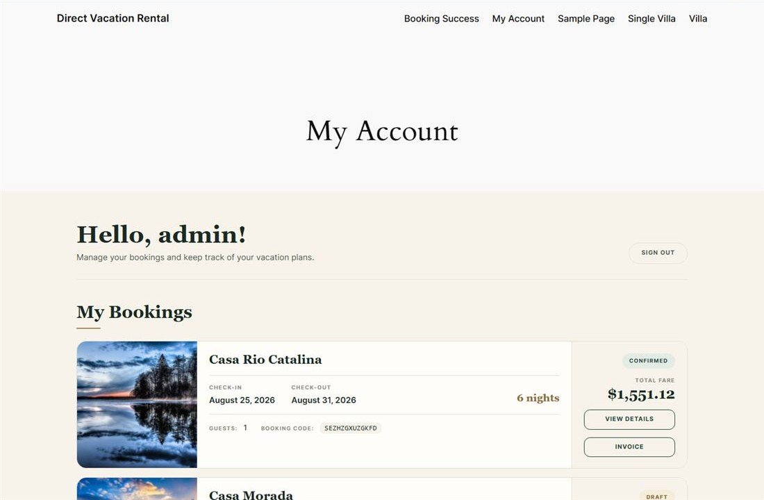 The My Account page signed in, showing the guest's booking history with statuses and totals