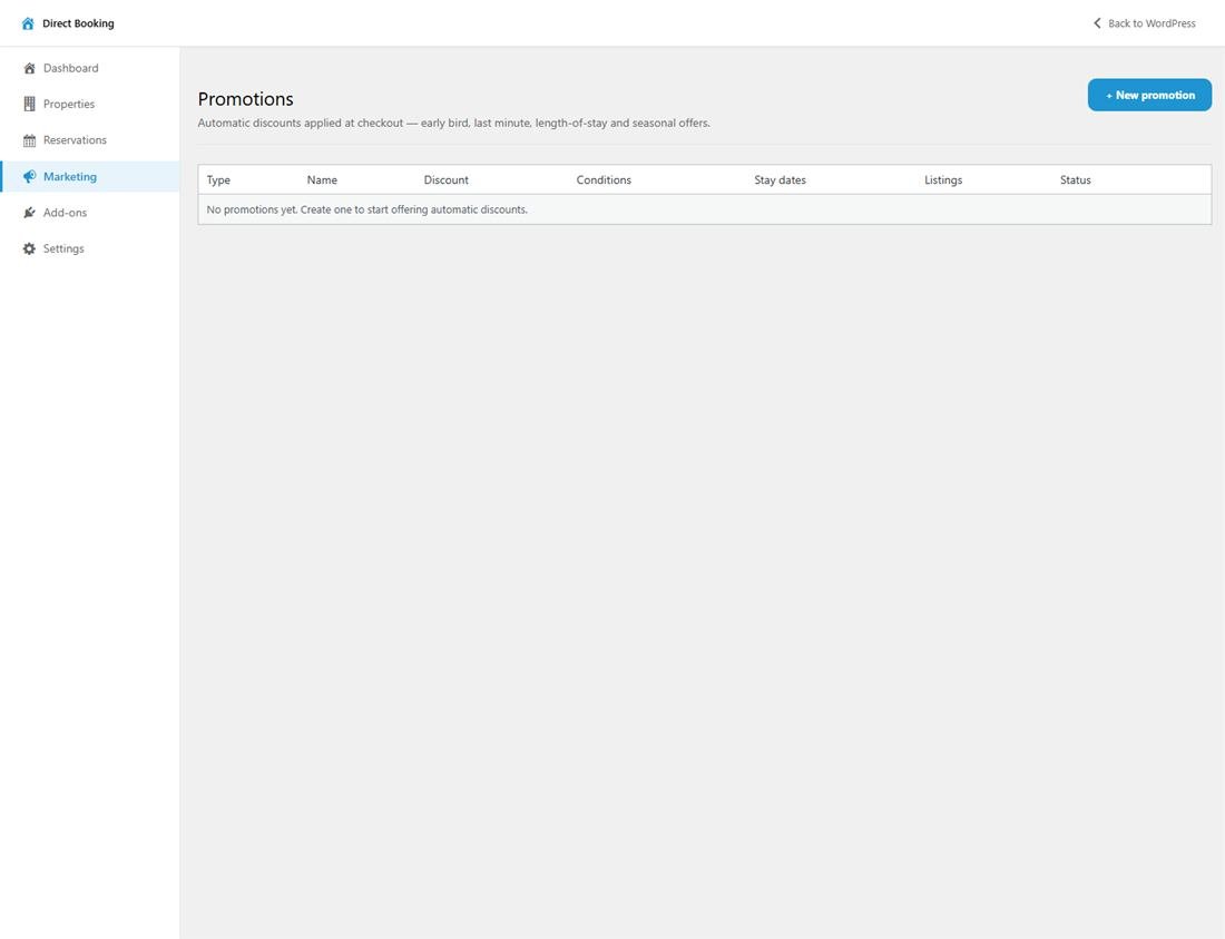 The Promotions screen listing automatic discounts with their type, discount, conditions and stay dates