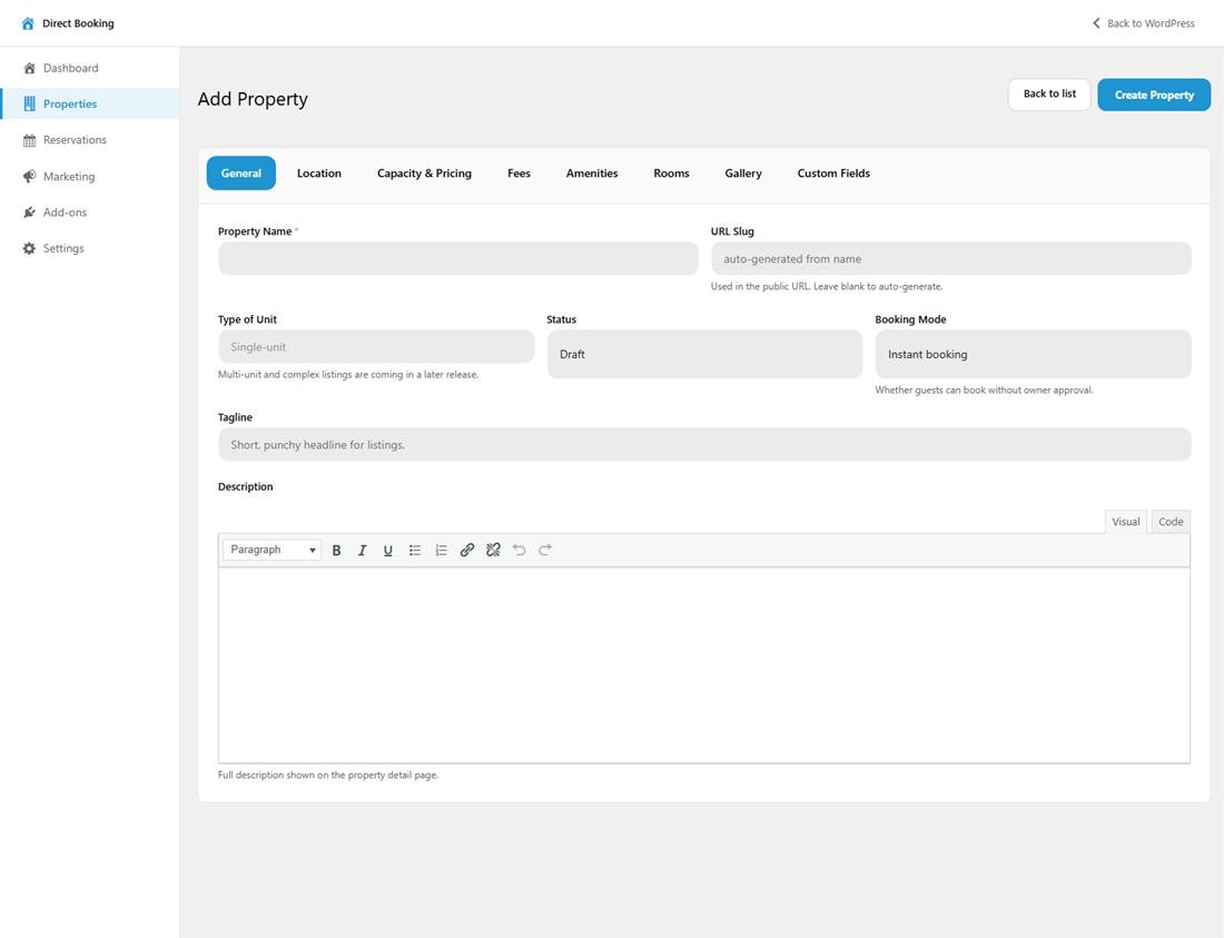 The tabbed property editor with General, Capacity, Amenities, Gallery, Location, Fees and Custom Fields tabs