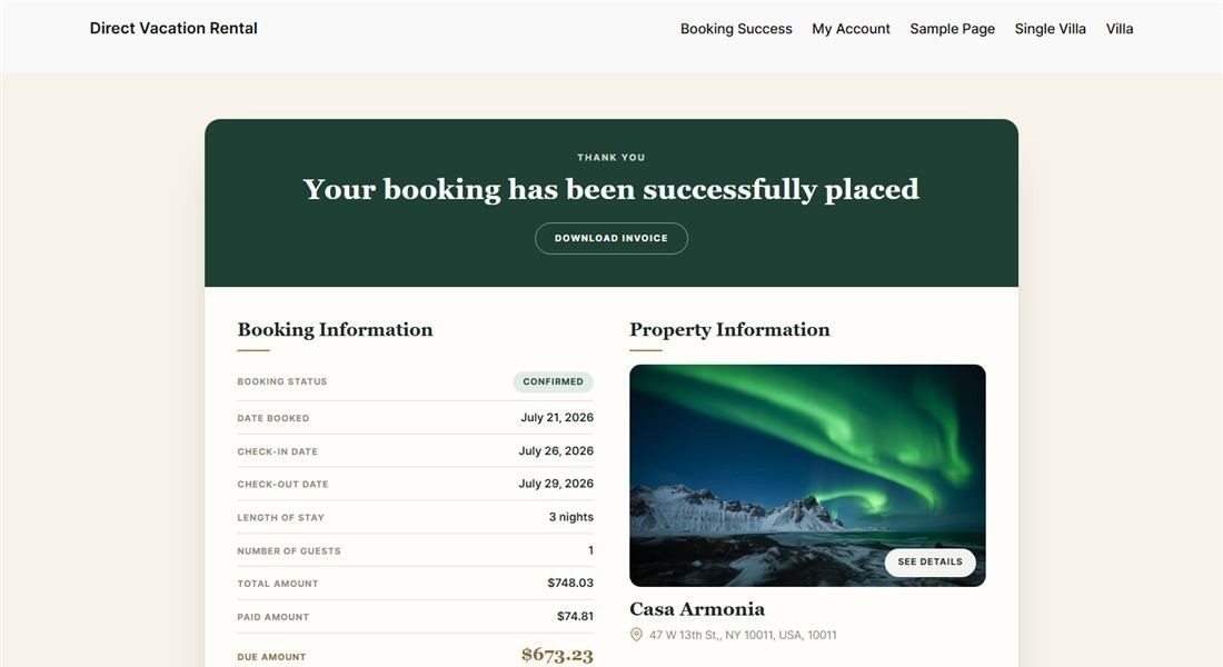 The Booking Success receipt page with the booking information column and property information column