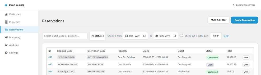 The Reservations list with filters and rows showing booking code, property, dates, guest and status